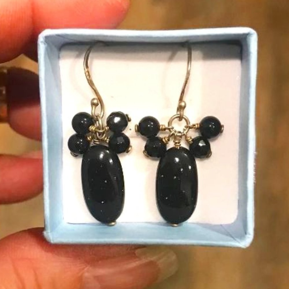 925 Silver with Black Stone Bead Dangles Earrings
